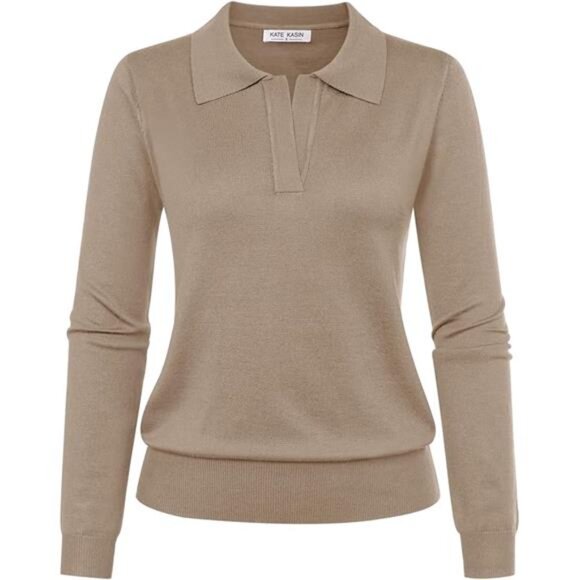 Womens Long Sleeve Polo Sweater V Neck Ribbed Knit Pullover Casual Top - Picture 7 of 7